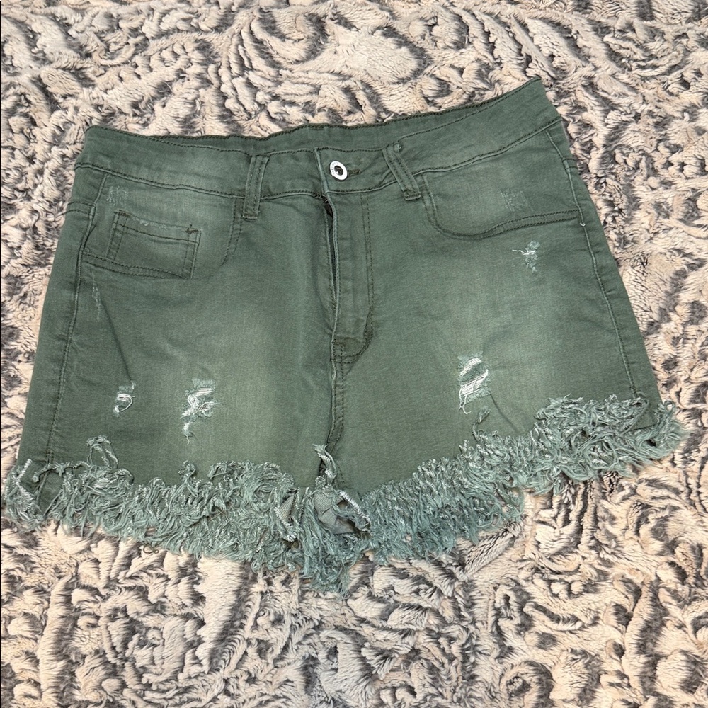 Olive Green Frayed Hem Jean Shorts